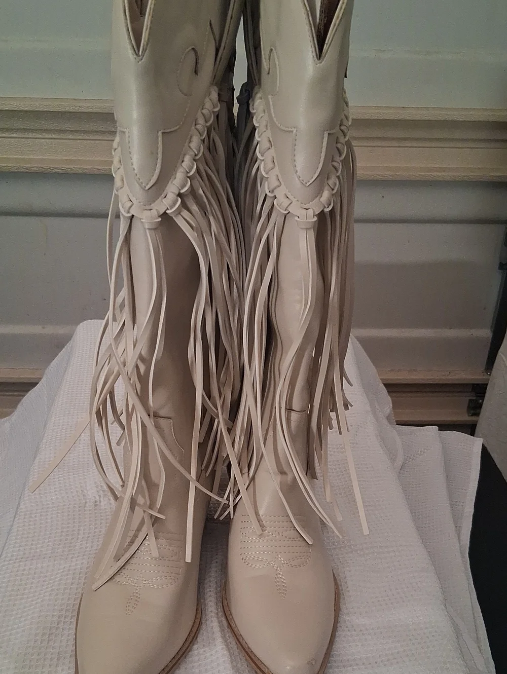 Fringe Western Knee-High Boots - Cream